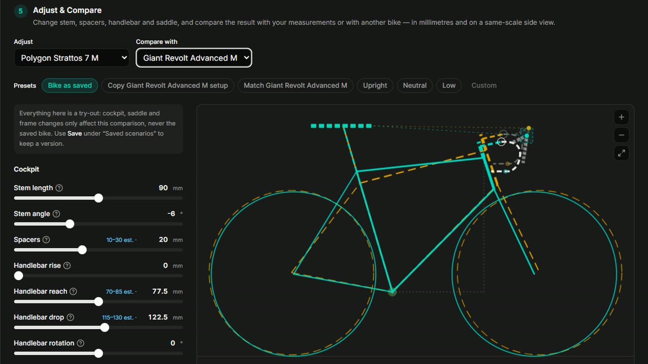 Two bikes drawn to the same scale in the Bike Fit side view, a road bike in solid teal over a gravel bike in dashed amber, with the stem, spacer and handlebar controls beside them