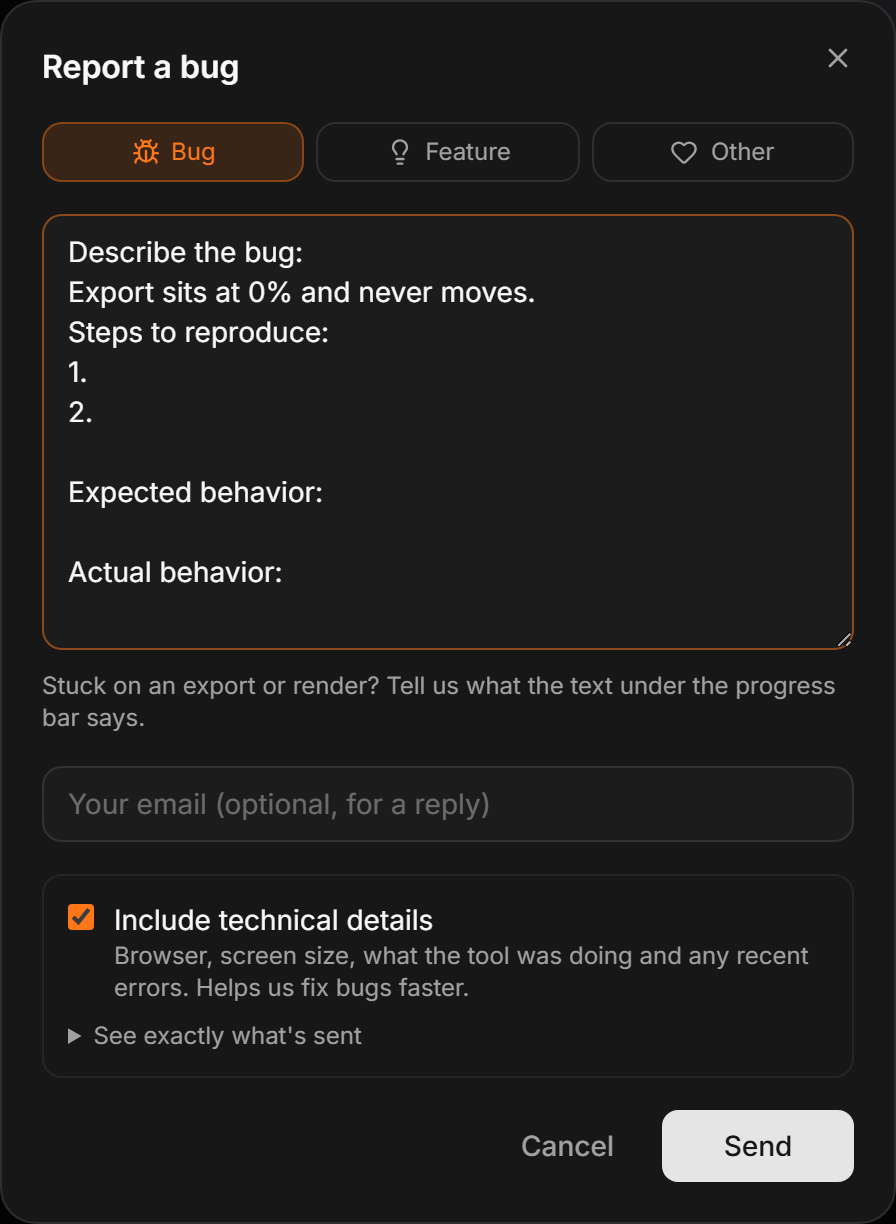 The Report a bug form, with the message box pre-filled with prompts and the Include technical details option ticked