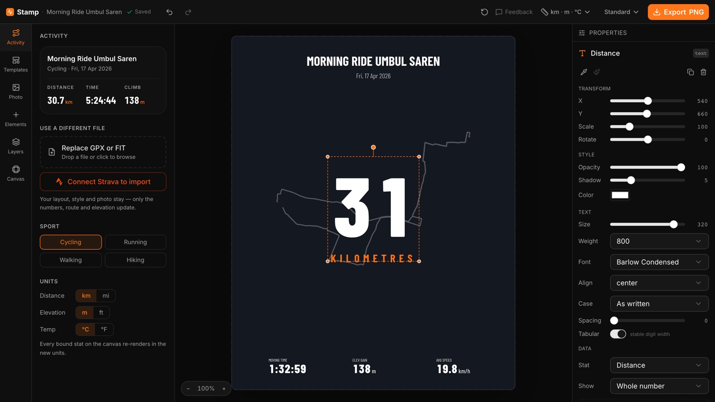 The Stamptivity Stamp editor, a ride's details, sport and units on the left, a Big number stats image in the middle, and the selected number's font, size, weight and spacing on the right